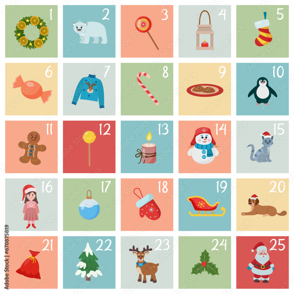 Fototapeta premium Сountdown calendar. Advent calendar. Christmas poster. Cute cards. Vector illustration.