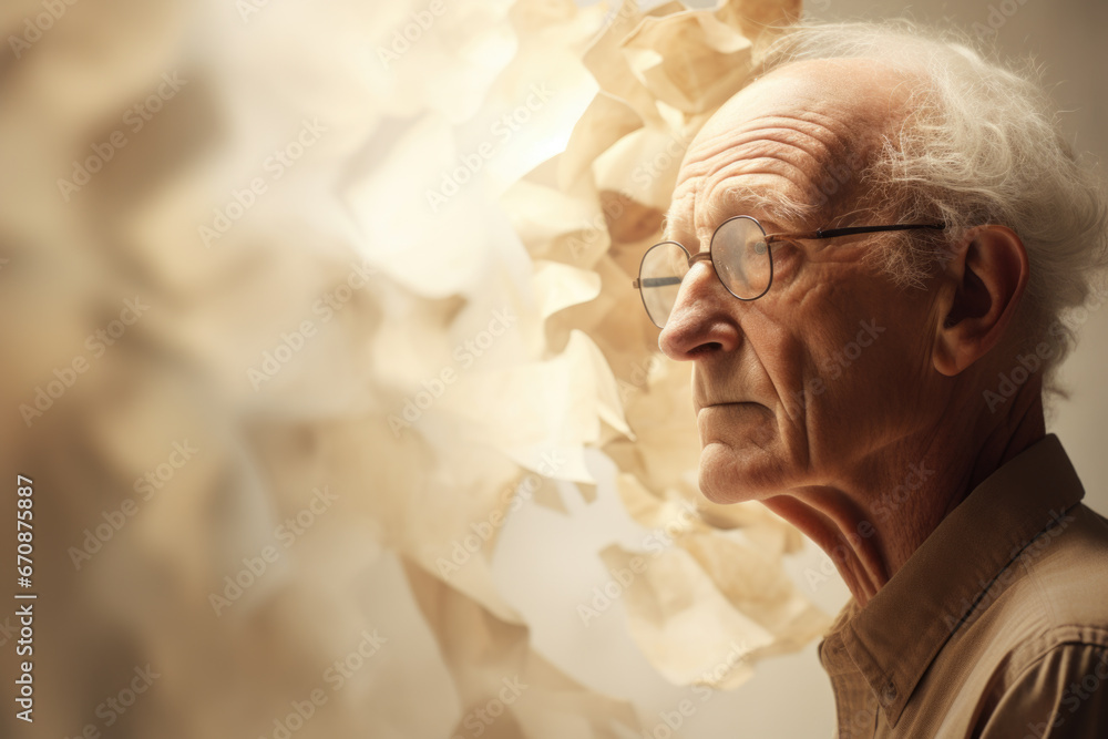 Conceptual image of Alzheimer's disease or dementia of an elderly person with memory loss - obrazy, fototapety, plakaty 