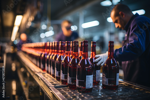 Workers labeling wine bottles.