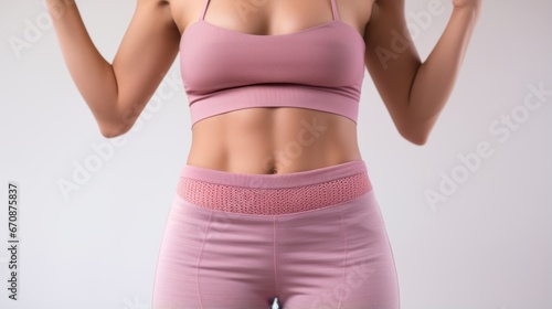 Close up unrecognizable fit woman's body with fitenss clothes and copyspace.