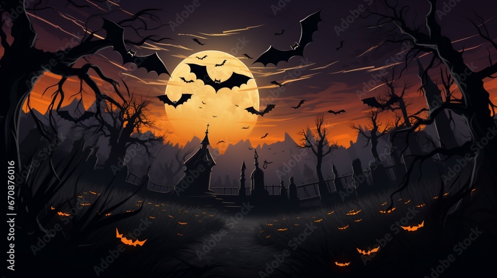 A chilling vector composition of a Halloween night, featuring pumpkins and a sky teeming with bats, all captured