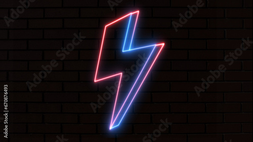 Neon lightning bolt, glowing sign. Blue and purple neon light icon isolated in black background. Lightening neon bolt. Electric thunder 80s style concept