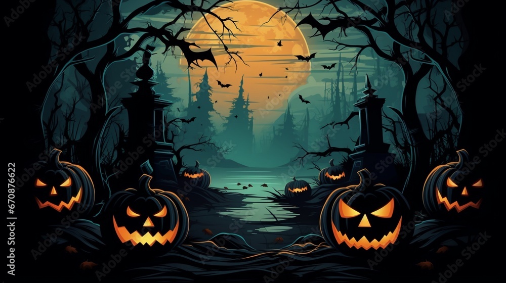 A haunting vector scene portraying a Halloween night with pumpkins and bats soaring through the dark, moonlit sky