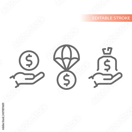 Financial aid and help vector icon set. Parachute money delivery, giving ang donation or sponsorship line icons.