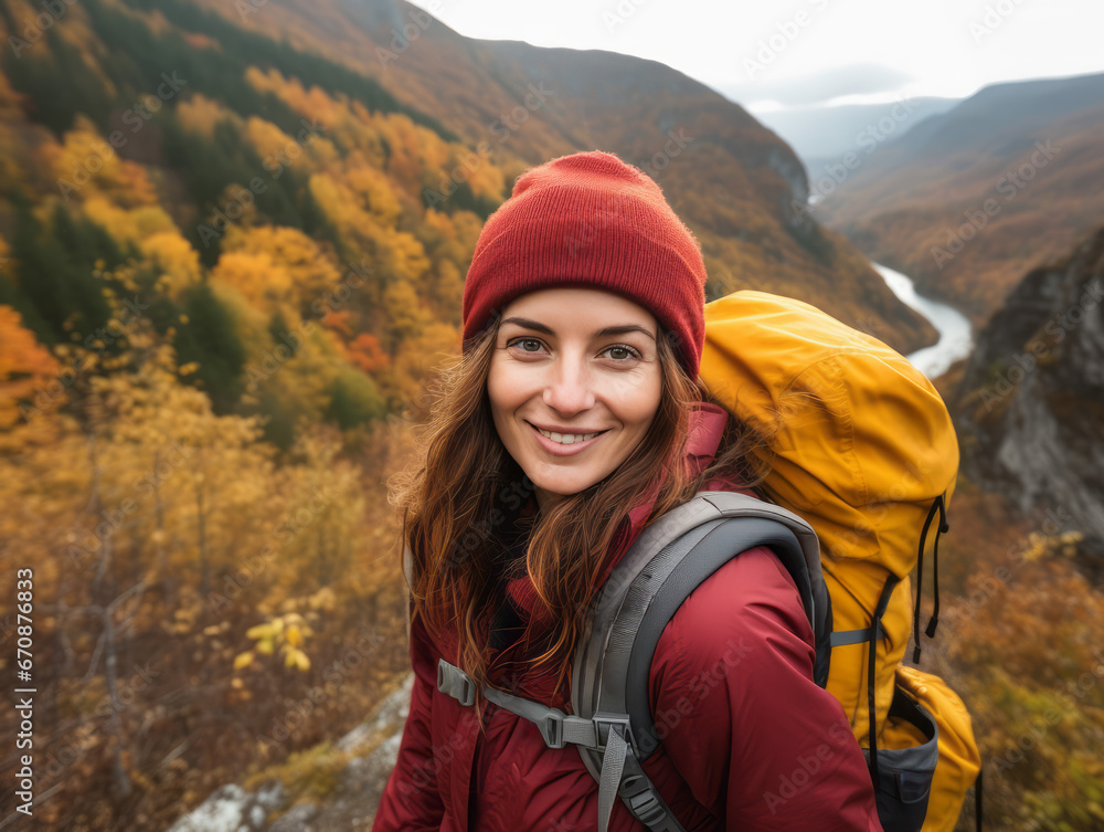 A portrait of smiling girl tourist in beautiful mountain tracking route. Woman wear the sport active wear with backpack. Ai generative