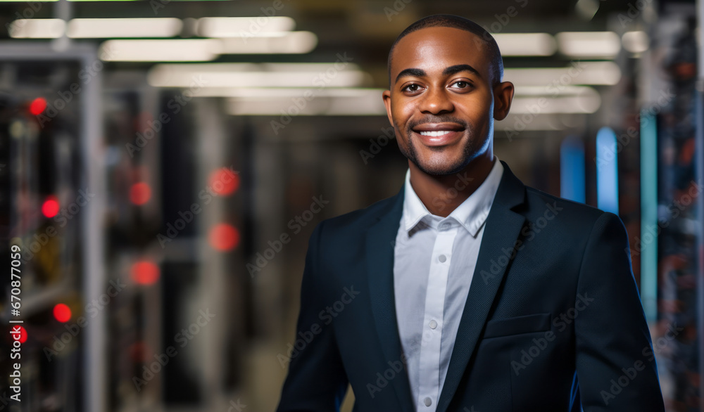 Portrait of African American System Administrator. Data Center Engineer Big Datum Computer. Server Room Specialist, Cyber Security Concept. Data Protection Network, Ai Generative Portrait of African American System Administrator. Data Center Engineer Big Datum Computer. Server Room Specialist, Cyber Security Concept. Data Protection Network, Ai Generative