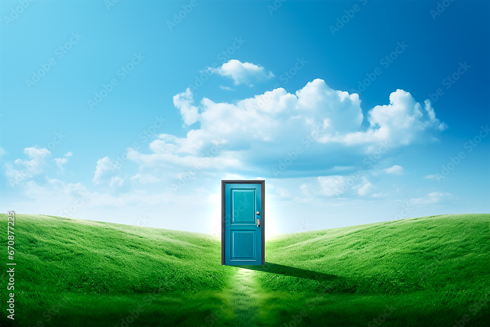 Blue wooden door on the path way with green grass hill, cloudy blue sky background. Blue wooden door on the path way with green grass hill, cloudy blue sky background.