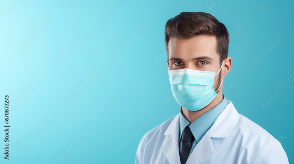 Doctor in face mask standing over blue background. Concept of healthcare and medical treatment. Med Insurance. Copy space wall. Ai generative Doctor in face mask standing over blue background. Concept of healthcare and medical treatment. Med Insurance. Copy space wall. Ai generative