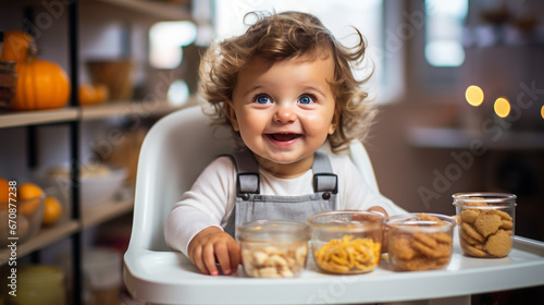 Small happy Boy smile. Child is sitting in kitchen, having meal. Concept of healthy kids food. Ai generative illustration