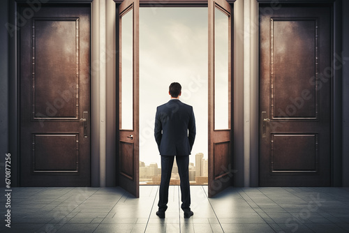 Business man standing infront of one open door, inspiration concept.