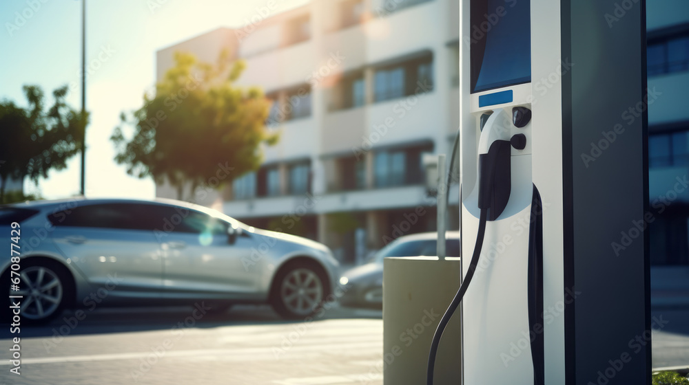 Electric car connected to charging station supplier. Charge battery. EV plug in. Transport innovation and technology concept. Generative Ai