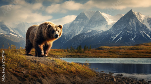 bear, autumn forest, mountain background © Mari