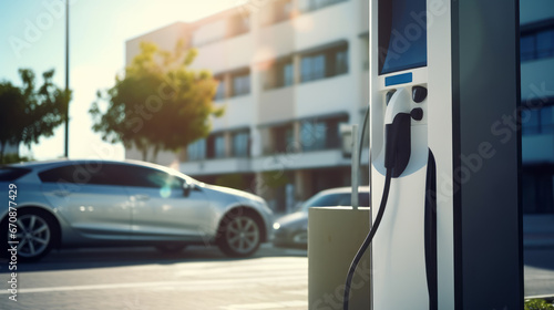 Electric car connected to charging station supplier. Charge battery. EV plug in. Transport innovation and technology concept. Generative Ai