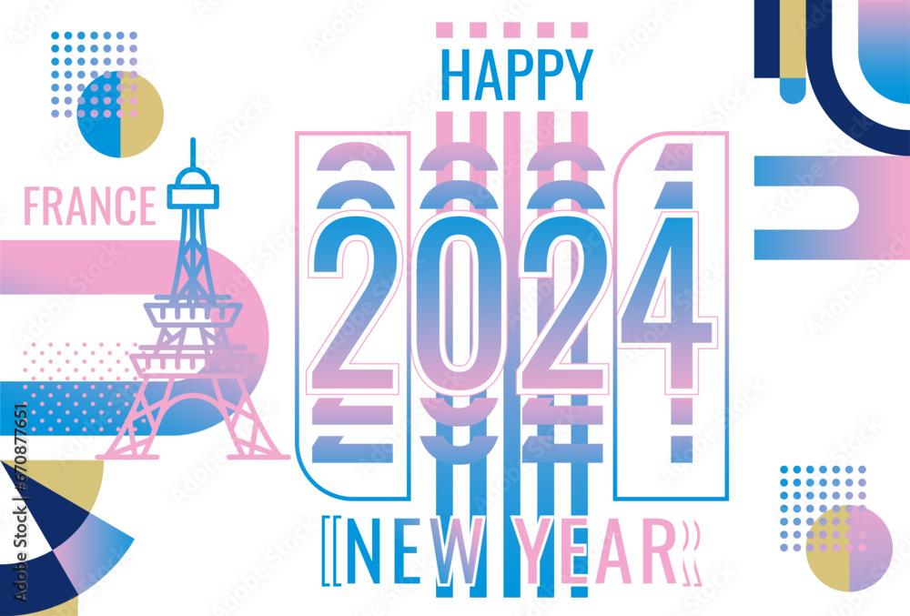 Paris themed HAPPY NEW YEAR 2024 vector banner design. Abstract festive geometric decoration, pink, white, dark blue, turquoise. modern style Paris themed HAPPY NEW YEAR 2024 vector banner design. Abstract festive geometric decoration, pink, white, dark blue, turquoise. modern style