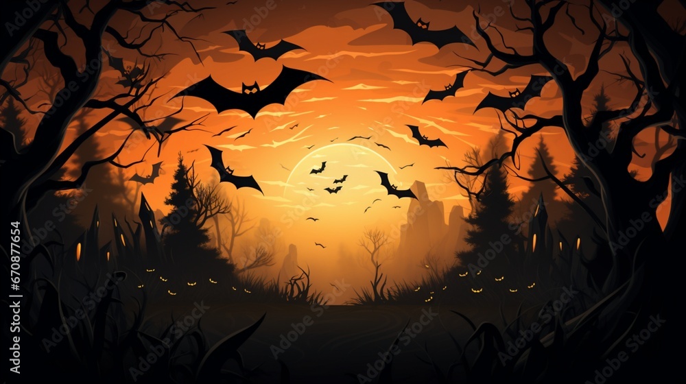 A spooky vector design of a Halloween night, showcasing flying bats and glowing pumpkins against a hauntingly atmospheric background