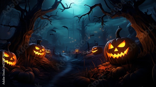 A vector masterpiece capturing the essence of Halloween night, featuring pumpkins and an army of bats under a spooky