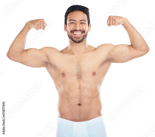 Portrait, happy or strong man flexing arms with fitness in training isolated on transparent png background. Athlete, smile or proud topless bodybuilder with biceps progress or body goal with wellness