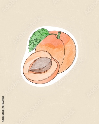 Juicy apricot Cartoon funny sticker in comic style with contour. Decoration f...