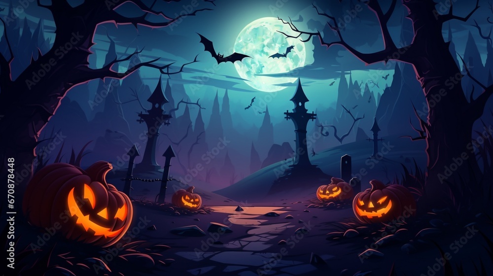 An eerie Halloween-themed vector scene with a moonlit sky, flying bats, and illuminated pumpkins casting an eerie glow