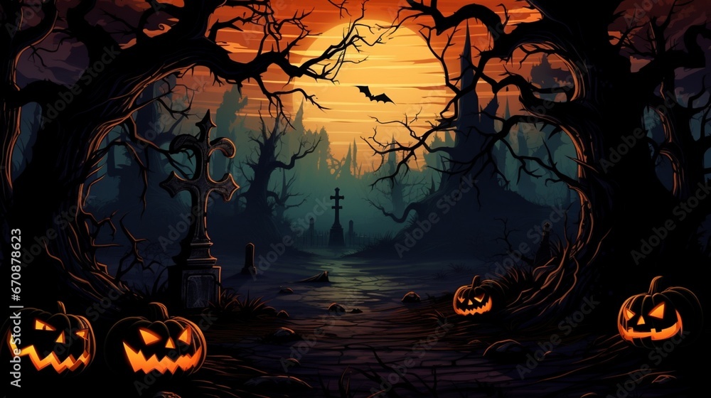 An intricate vector illustration of a Halloween night's ambiance, complete with creepy pumpkins and a sky full of bats, all