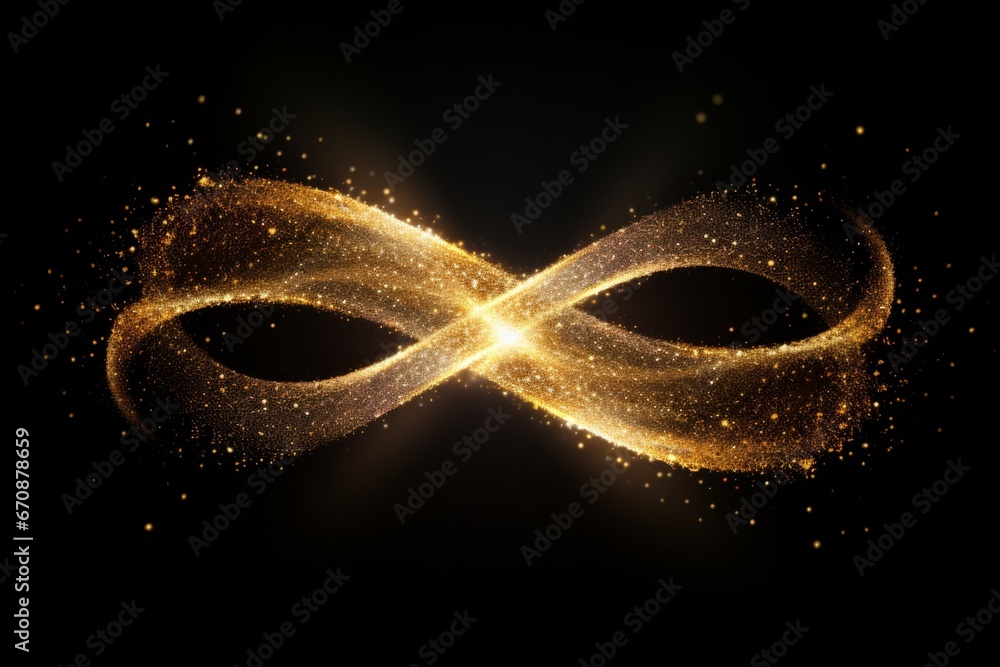 Golden micro particles arranged in the shape of infinite symbol 8 - obrazy, fototapety, plakaty 