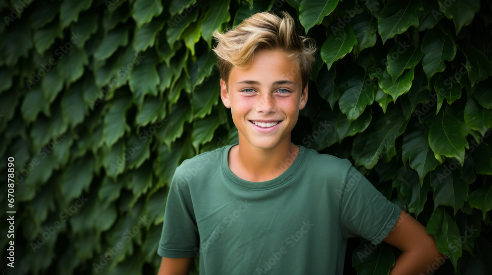 Portrait of young male, wearing a green t-shirt against a plant wall for eco friendly concept Portrait of young male, wearing a green t-shirt against a plant wall for eco friendly concept