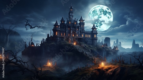 Halloween Haunted Manor on a Hill Against the Moon