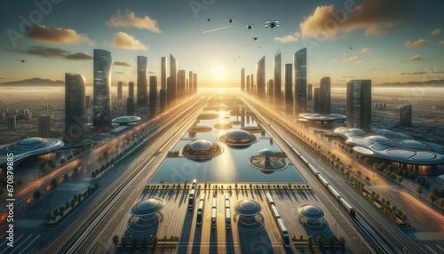 As the sun rises over the futuristic metropolis  the modern cityscape is illuminated by a digital sky of swirling clouds  casting a surreal glow on the towering skyscrapers and streets with sleek car