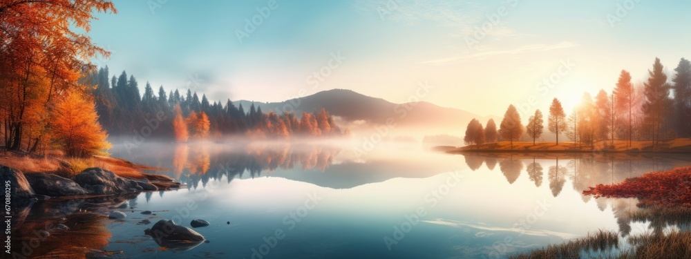 Colorful morning landscape of misty lake and mountains at sunrise. Beautiful autumn panoramic view. Beauty of nature concept background. Banner