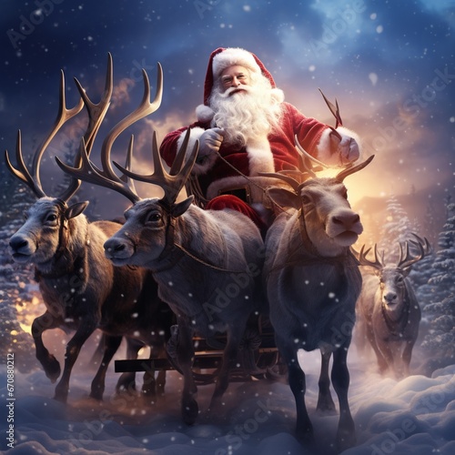 Santa Claus with his cart and  dew dears in the winter. Generative AI.