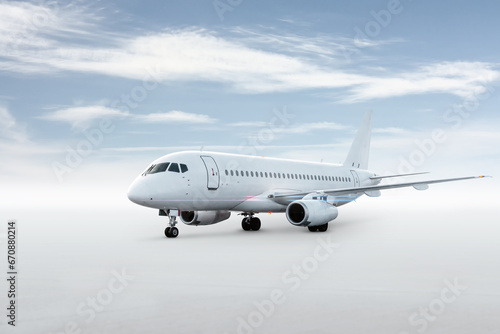 White passenger jet plane isolated on bright background with sky