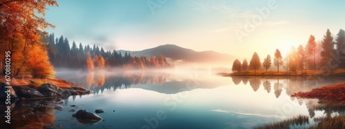 Colorful morning landscape of misty lake and mountains at sunrise. Beautiful autumn panoramic view. Beauty of nature concept background. Banner © Zahid