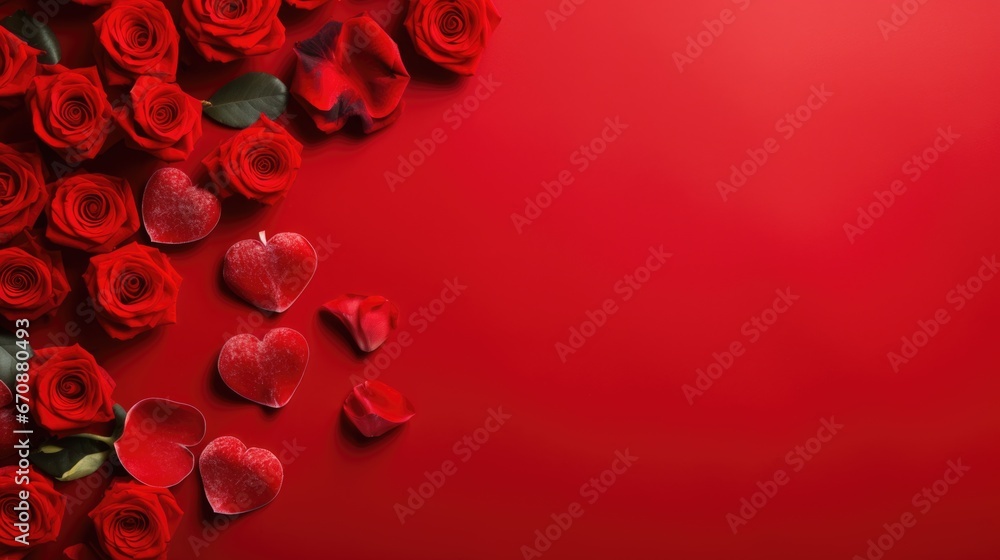 Valentine day copyspace with rose and red heart on red background. Valentine day copyspace with rose and red heart on red background.