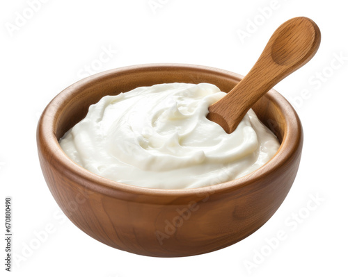 bowl of sour cream with a wooden spoon on isolated transparent background 