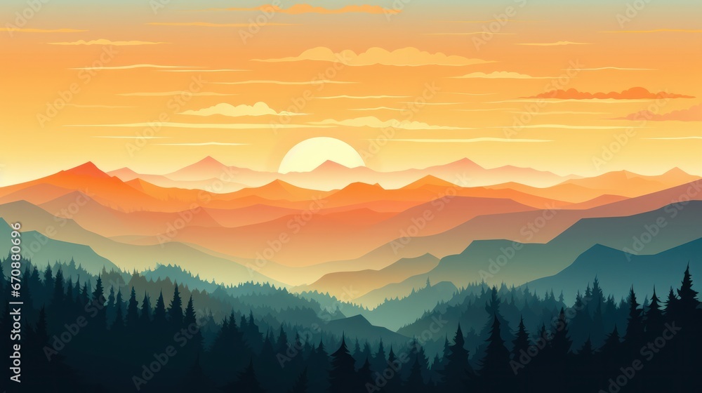 Beautiful mountain landscape at sunrise. Stunning foggy landscape of mountains and forest silhouettes. Great view for the background. Vector illustration