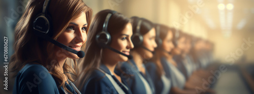 Customer care representative wearing a headset and smiling while consulting a client online. Call center and business people concept. photo