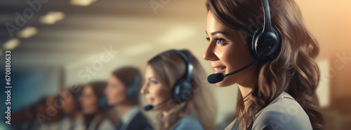 Customer care representative wearing a headset and smiling while consulting a client online. Call center and business people concept.