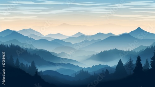 Beautiful mountain landscape at sunrise. Stunning foggy landscape of mountains and forest silhouettes. Great view for the background. Vector illustration © Zahid