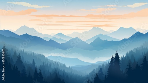 Beautiful mountain landscape at sunrise. Stunning foggy landscape of mountains and forest silhouettes. Great view for the background. Vector illustration
