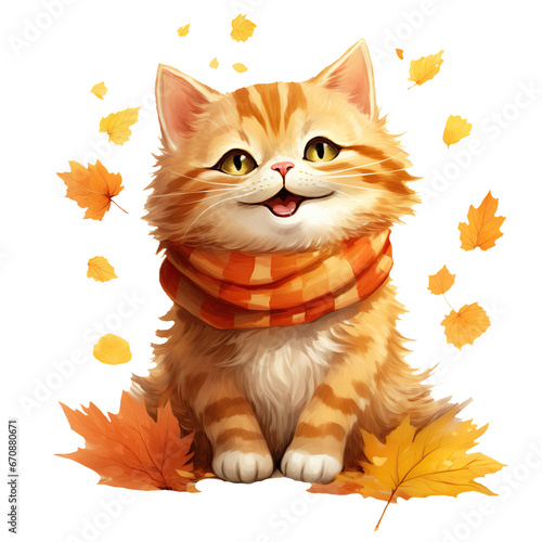 cute red cat with autumn fall leaves