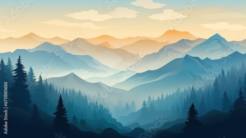 Beautiful mountain landscape at sunrise. Stunning foggy landscape of mountains and forest silhouettes. Great view for the background. Vector illustration photo