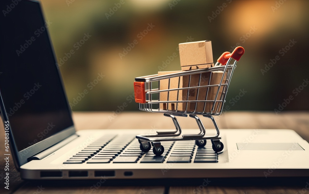 Shopping cart on a laptop keyboard. E-commerce, Shopping cart on laptop, Conceptual image, Ideas about online shopping