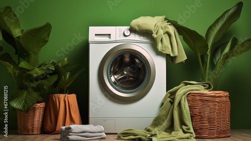 Washing or laundry machine against a green background. Eco friendly product concept photo