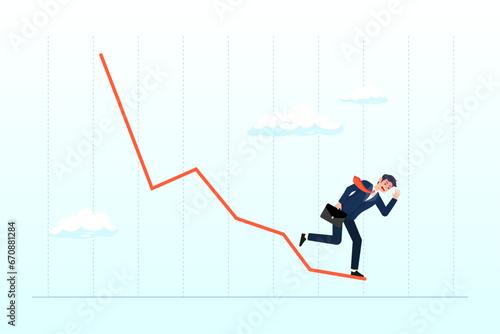 Businessman investor standing on falling down red graph look for bottom, economic recession, stock market plunge or falling down, cryptocurrency crash or financial crisis from inflation (Vector)