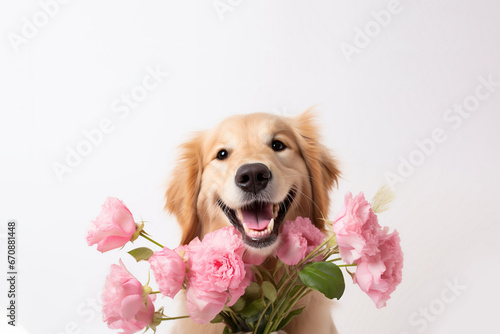 Cute retriever dog holding a pink peony rose flowers bouquet isolated on white background. Valentine’s day or Mother’s day concept. Copy space