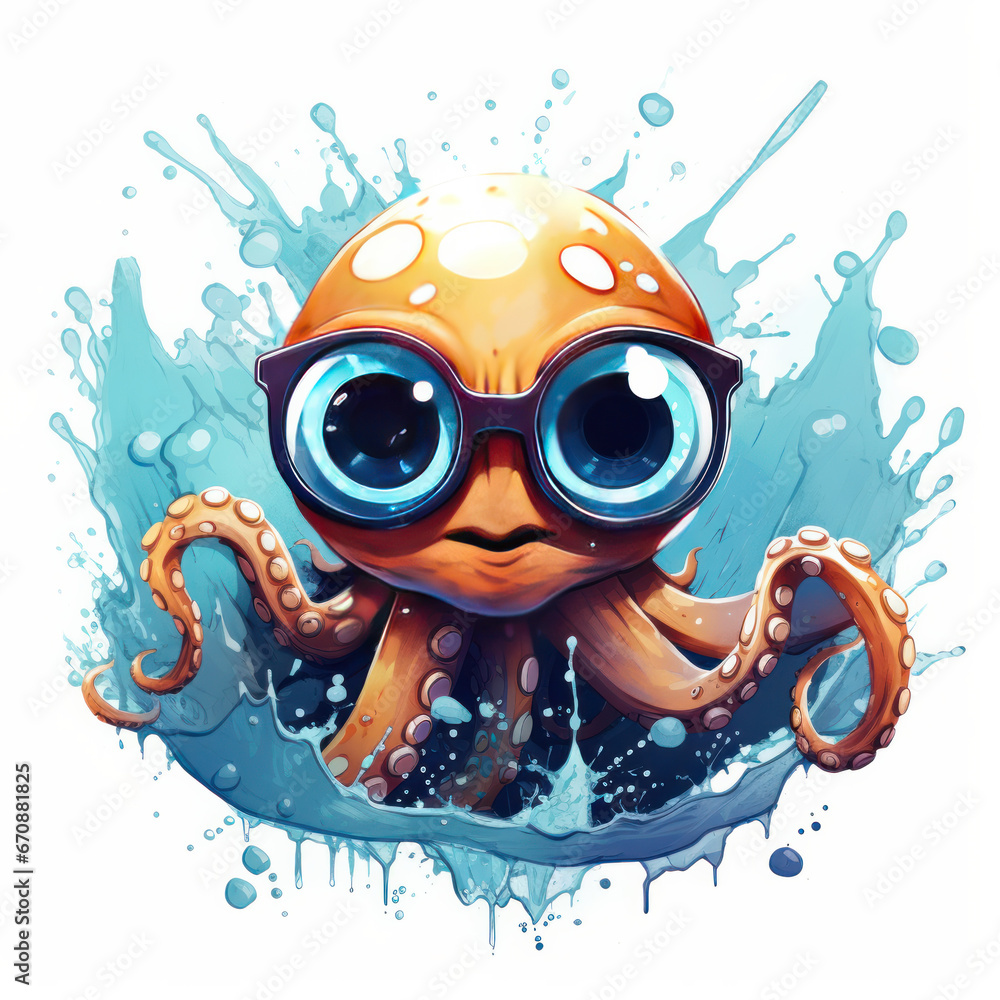 charming octopus in glasses with smart eyes, with tentacles that spread across several continents .Generative AI