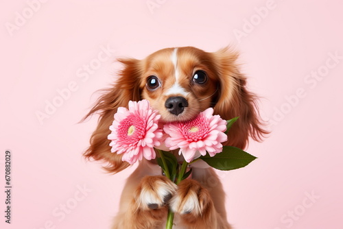 Cute spaniel dog holding bouquet of spring pink flowers isolated on pink background. Valentine’s day or Mother’s day concept