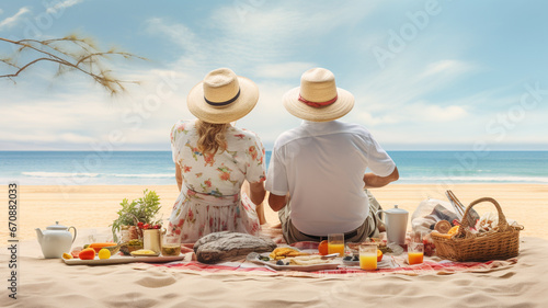 Senior couple a picnic at the beach-leisure