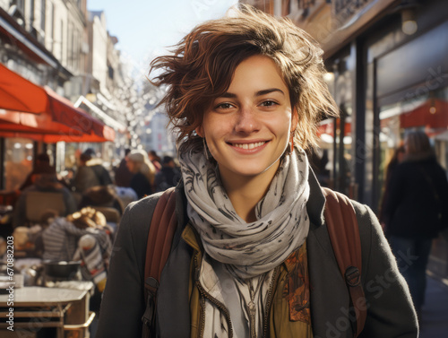 Wallpaper Mural Portrait of a young attractive woman with curly hair. She dreams of future, smiles, looks into the camera. Modern city life diversity concept. Different people. Ai generative Torontodigital.ca