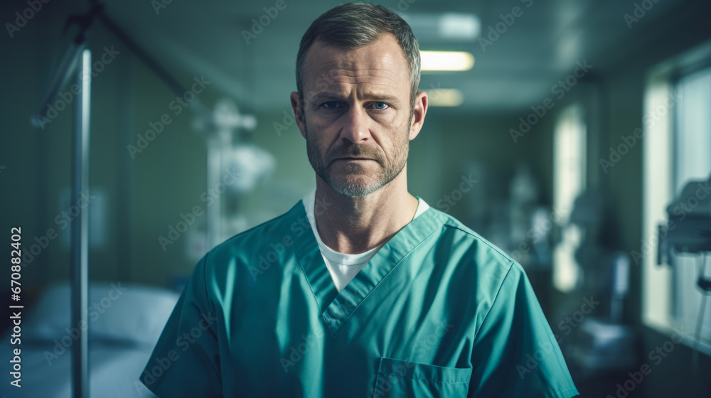 Doctor man surgeon standing in hospital surgery room. Concept of healthcare and medical treatment. Ai generative Doctor man surgeon standing in hospital surgery room. Concept of healthcare and medical treatment. Ai generative